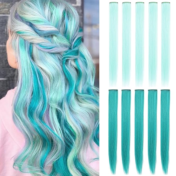 10PCS 21''Colorful Party Highlights Clip in Teal and Light green Hair Extensions Multicolor Straight Synthetic Hairpieces for Women Girls (Teal,Light green)