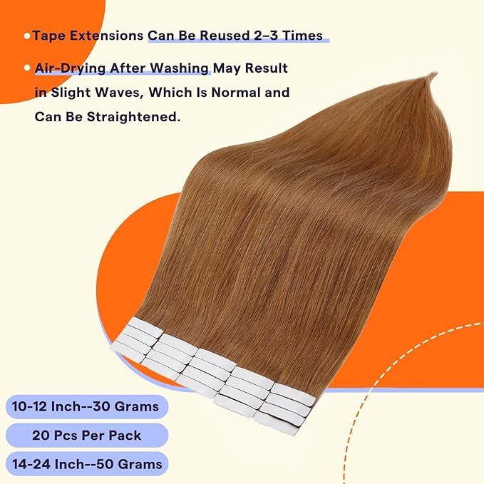 Full Shine Hair Extensions Real Human Hair Color 330 Orange Real Hair 12 Inch Double Sided Tape in Extensions 20PCS Remy Tape Ins Human Hair Extensions Tape Extensions 30g for Party