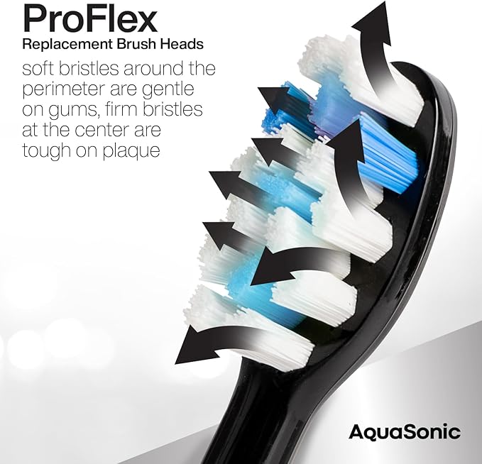 AquaSonic Genuine Proflex Replacement Brush Heads | ADA Accepted | for Whiter Teeth & Gum Care | Compatible with Many AquaSonic Toothbrush Handles (3 Pack Black)