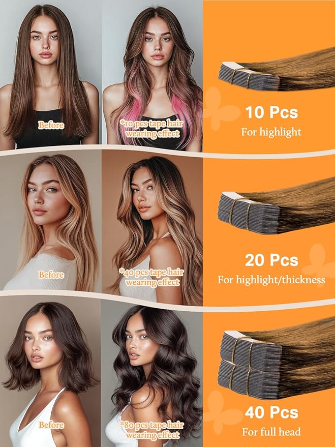 DOORES Hair Extensions Real Human Hair, Medium Auburn 18 Inch 50g 20pcs, Tape in Extensions Skin Weft Natural Remy Straight Hair for Women Seamless Extensions