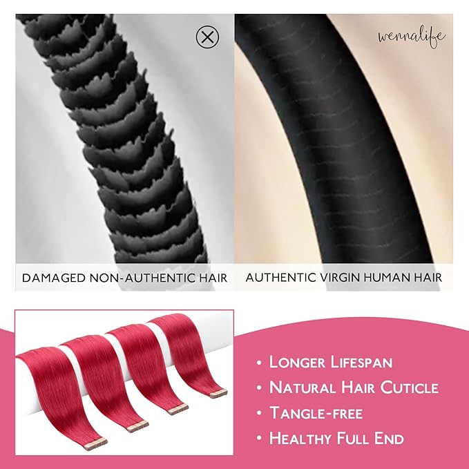 WENNALIFE Tape in Hair Extensions Human Hair Red Tape in Extensions, 10pcs 30g 22 inch Remy Invisible Tape Ins Straight Colored Soft Real Human Hair Tape in Extensions Refill Set Extensions