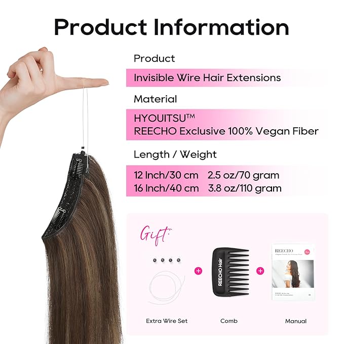 REECHO 16" Invisible Wire Hair Extensions with Thinner Softer Lace Weft Adjustable Size Removable Secure Clips in Short Straight Secret Hairpiece for Women - Dark Brown with Highlights