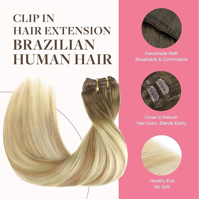 GOO GOO Clip in Hair Extensions Real Human Hair, Remy Human Hair Extensions Clip ins for Women, Natural Human Hair, 22inch 150g 9Pcs, 5A/90/16F Bahamian Balayage