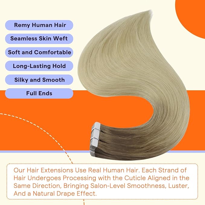 Full Shine Tape in Hair Extensions Color 3/8/613 Dark Root Ombre Blonde 22 Inch Invisible Tape Ins Human Hair Extensions 20PCS 50grams for Party