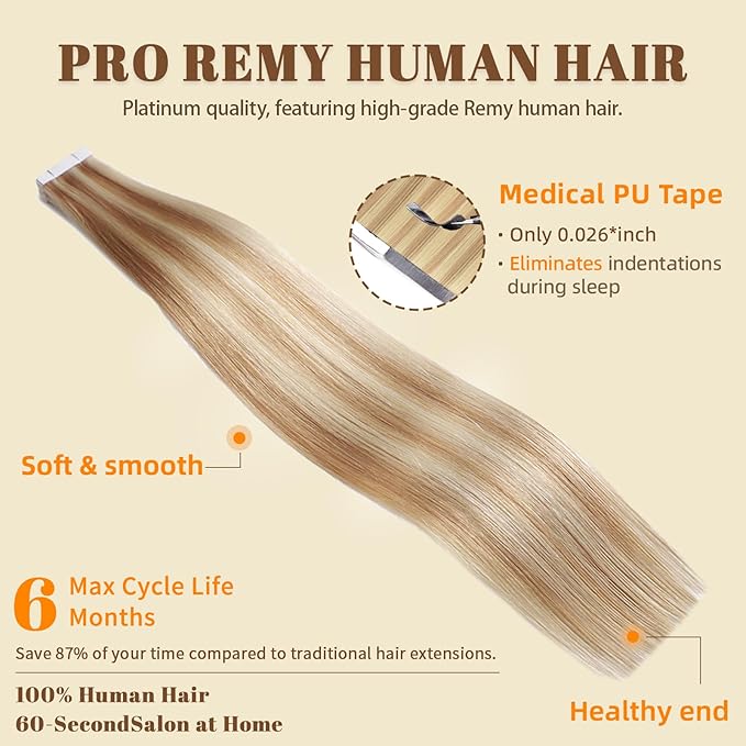 DNE Tape in Hair Extensions Real Human Hair 20 inches 20Pcs/50g/Pack Seamless #27/613 Light Color Straight Invisible Double Sided Tape in Hair Extensions for Women/Girls Can Bleached and Curl