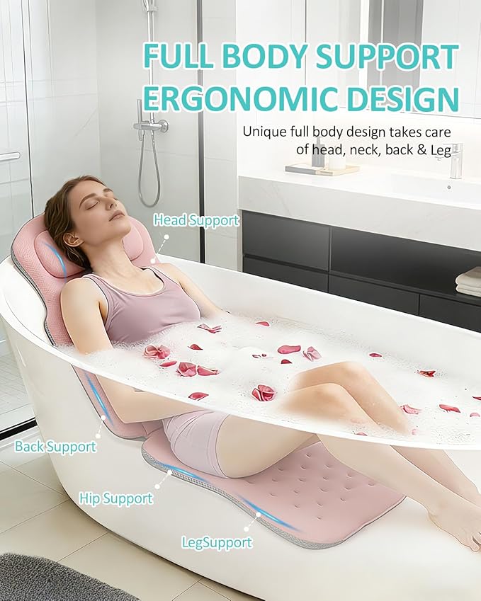 Full Body Bath Pillow for Bathtub, 5D Thick Tub Pillow for Bathtub with 192 Non-Slip Suction Cups, Laundry Bag & Hook, Bathtub Pillow for Head, Neck & Back Support (Pink, 51"*15")