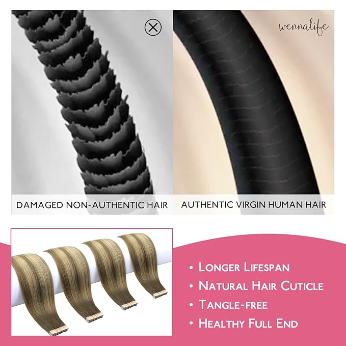 WENNALIFE Tape in Hair Extensions Human Hair Ombre Walnut Brown to Ash Brown and Bleach Blonde Tape in Extensions, 10pcs 30g 20 inch Remy Invisible Tape Ins Straight Real Human Hair Tape in Extensions