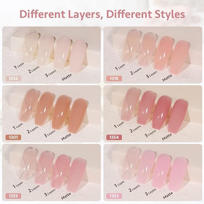 GAOY Jelly Nude Pink Gel Nail Polish Set, 6 Transparent Sheer Colors Soak Off UV Light Cure Gel Polish Kit for Salon and Nail Art DIY at Home