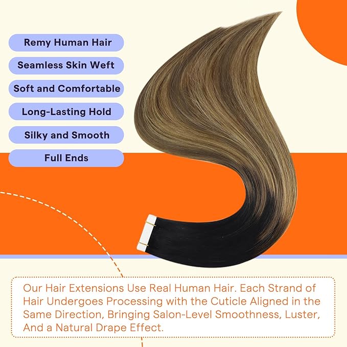 Full Shine Human Hair Extensions Tape in 20 Inch Invisible Double Sided Tape Ins Human Hair Extensions Color 1B Fading to 6 and 27 Honey Blonde 20PCS 50g Straight Seamless Skin Weft Hair Add Length