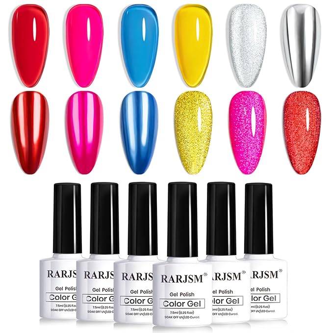 RARJSM Glaze Glass Metallic Cat Eye Gel Nail Polish Set Neon Amber Colors Bright Red Blue Yellow Rose Purple with Diamond Silver Cateye Metallic Silver Gelpolish UV LED Curing Requires Home Salon Diy