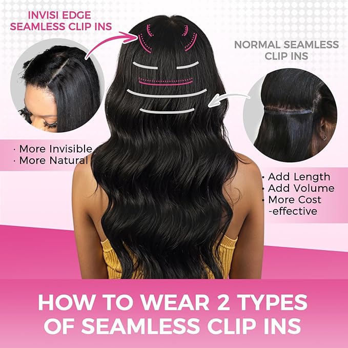 Lashey Invisi Edge & Seamless Clip in Hair Extensions Human Hair, 14 Inch 130g 9pcs(5pcs Invisi Edge& 4pcs Seamless) Real Virgin Human Hair Extensions, Natural Black Body Wave Hair