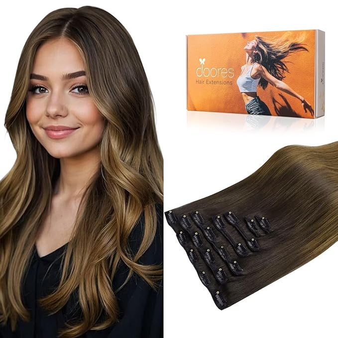 DOORES Human Hair Extensions Clip Ins, Chocolate Dip Color Melt 22 Inch 7pcs 120g, Clip in Hair Extensions Remy Natural Hair Extensions Thick Silky Straight Hair