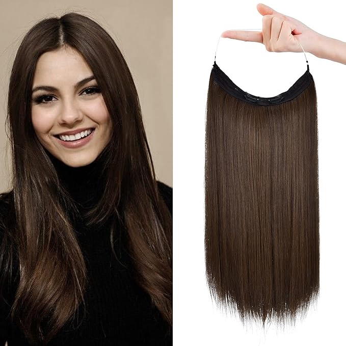 REECHO Invisible Wire Hair Extensions with Transparent Headband Adjustable Size Removable Secure Clips in Straight Secret Hairpiece for Women (16 Inch (Pack of 1), Dark Brown with Copper Highlights)