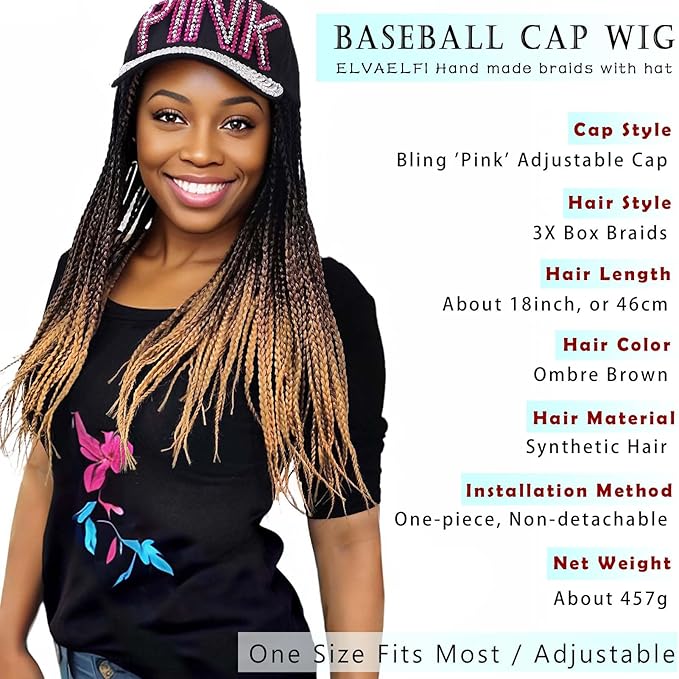 Bling Cap w/18 inch 3X Braids Wigs 100 Strands, Ombre Brown Hair Extensions, Breathable & Effortless Chic
