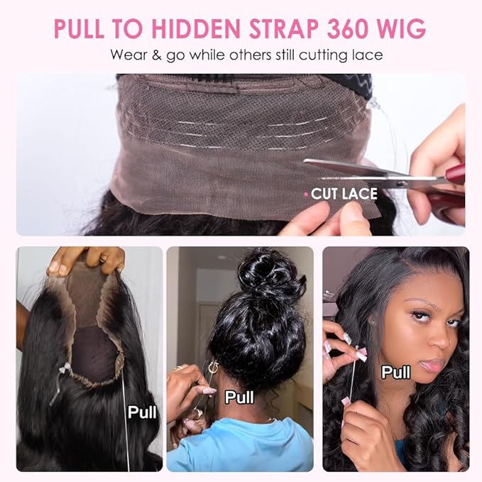 Hidden Strap 360 Lace Front Wigs Human Hair 220% Density Body Wave HD Lace Front Wigs with Drawstring 360 Full Lace Human Hair Wigs for Women Pre Plucked with Baby Hair Natural Color 22 Inch
