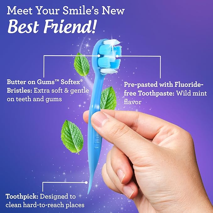 GuruNanda Ready-to-Go Disposable Mini Travel Toothbrushes - Butter on Gums Softex Bristles, Pre-Pasted Toothbrush & Toothpick - Fluoride-Free, No Rinsing Needed, 70 Ct