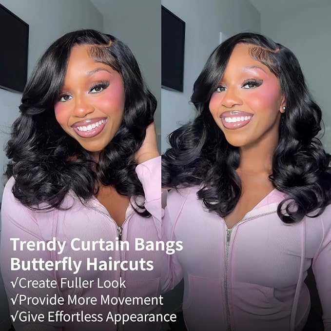 Tinashe Human Hair Wig Glueless Wigs Human Hair Pre Plucked Pre Cut Bob Wear And Go Loose Body Wave Layered Cut 6x5 HD Lace Front Wigs for Black Women Side Part Curtain Bangs Natural Black Wigs 20inch
