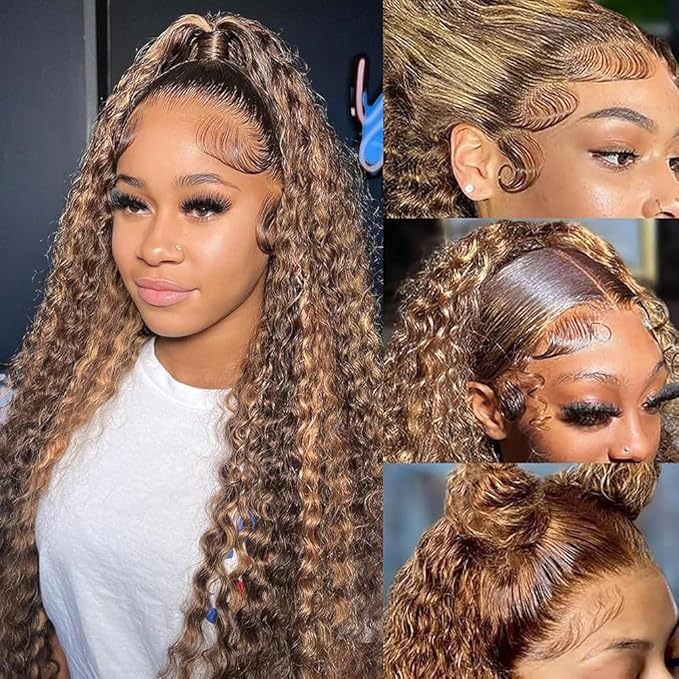 32inch Highlight Ombre Deep Wave Lace Front Wig Human Hair 13x6 Honey Blonde 4/27 Colored Hd Lace Frontal Wigs Wet And Wavy Glueless Wig Pre Plucked For Women