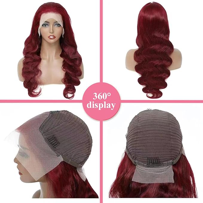 99j Burgundy Lace Front Wigs Human Hair 26 Inch 13x6 Body Wave HD Lace Front Wigs Pre Plucked with Baby Hair 200 Density Red Wigs for Women