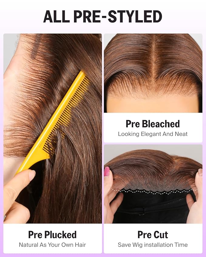 Glueless Wigs Human Hair 6x5 Lace Front Wig Human Hair 220% Density Straight Wigs Closure Wig 4# Brown Wig Human Hair Pre Plucked Pre Cut Bleached Knots 30 Inch