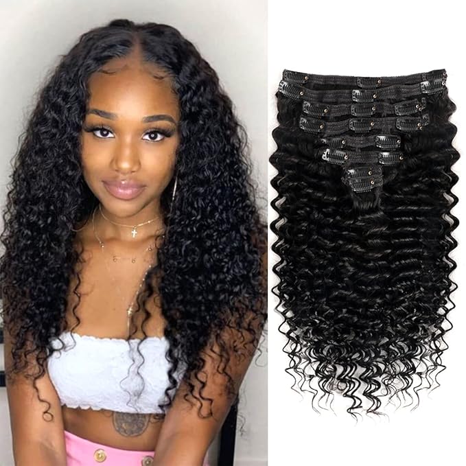 Deep Wave Clip in Hair Extensions Real Human Hair Brazilian Virgin Human Hair Clip in Extensions for Women 8Pcs Remy Hair with 18Clips 120g 20inch Natural Black