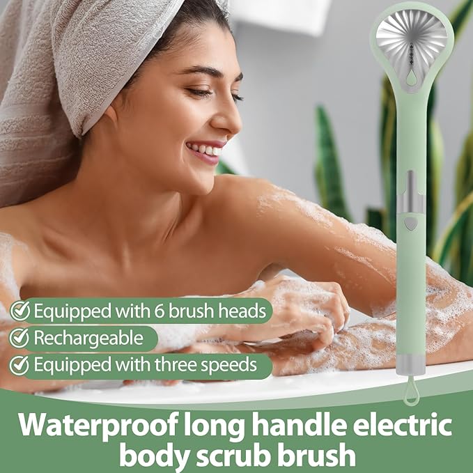 Electric Body Brush Back Scrubber for Shower, Waterproof Long Handle Power Body Scrubber with 6 Heads, Rechargeable Bath Brush & 3 Speeds, for Cleansing, Exfoliating and Massaging Skin (Green)