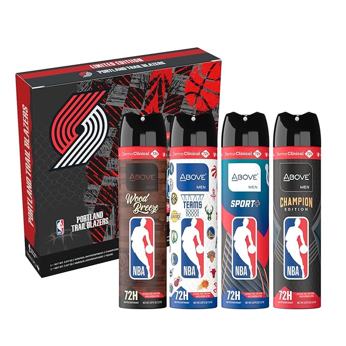 Above NBA – PORTLAND TRAIL BLAZERS Deodorant Gift Set – A Giftable Set for TRAIL BLAZERS Fans – Antiperspirant Spray, 4 Signature Scents, 72h Protection, Dry Spray, No Stains – 5.07 oz, Pack of 4