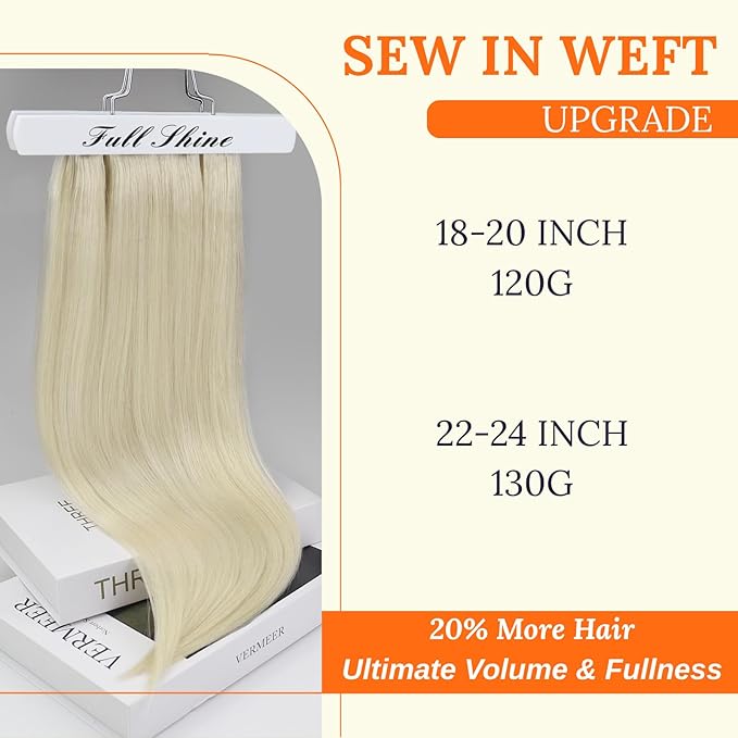 Full Shine Weft Hair Extensions 130G Blonde Sew In Extensions Remy Hair Color #60 Platinum Blonde Human Hair Bundles 22 Inch Sew In Weave Bundles For Women Invisible Hair Weft Sew Ins