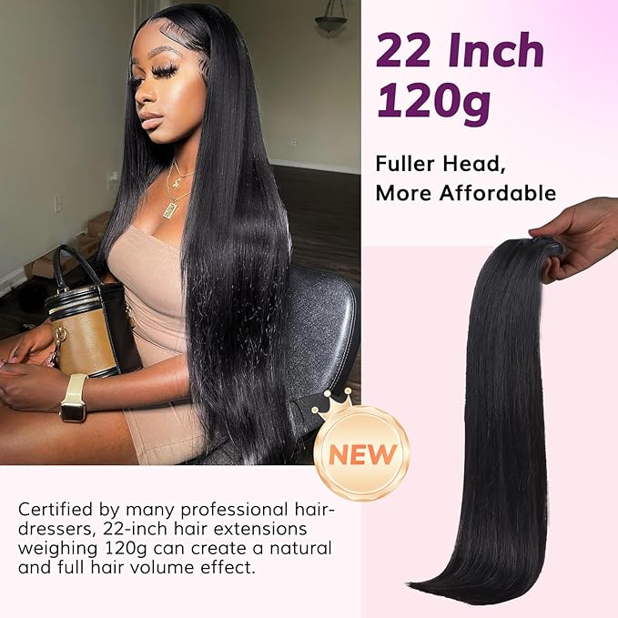 IDN BEAUTY Seamless Clip In Hair Extensions Human Hair, 120g 22 Inch Straight Natural Black Real Virgin Human Hair Seamless Clip Ins For Black Women PU Weft Invisible Edge 7pcs Thick Enhancement