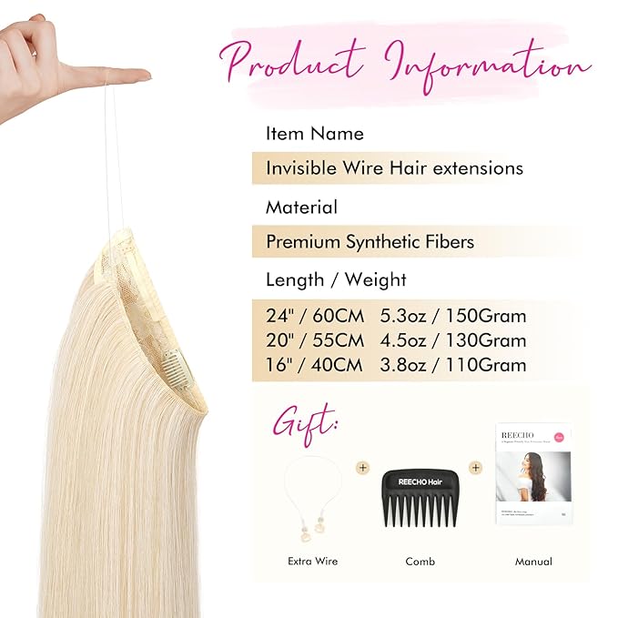 REECHO Invisible Wire Hair Extensions with Transparent Headband Adjustable Size Removable Secure Clips in Straight Secret Hairpiece for Women (12 Inch (Pack of 1), Cool Blonde)