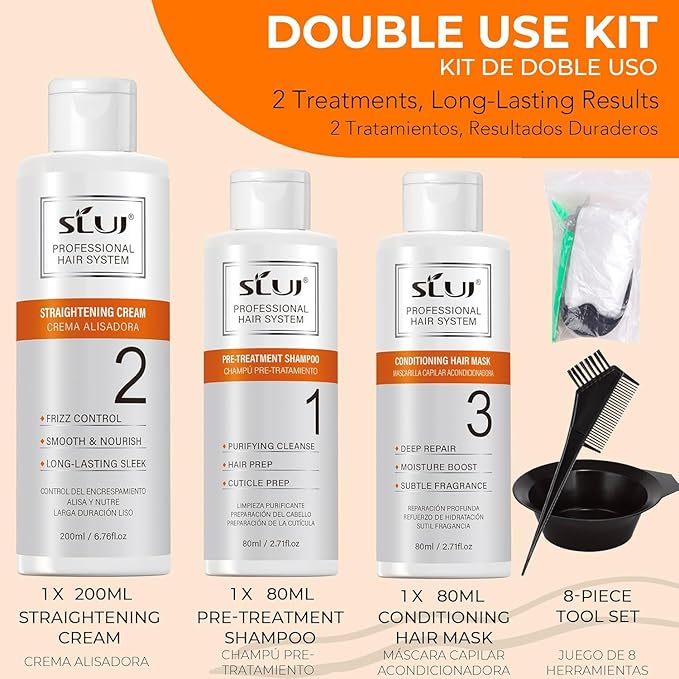 SLUJ Keratin Hair Treatment, Brazilian Straightening Kit with Keratin, Collagen & Hyaluronic Acid,18 Week Home Salon Professional Straightening - Keratina para Alisar el Pelo, Gentle Scent, 2 x Use
