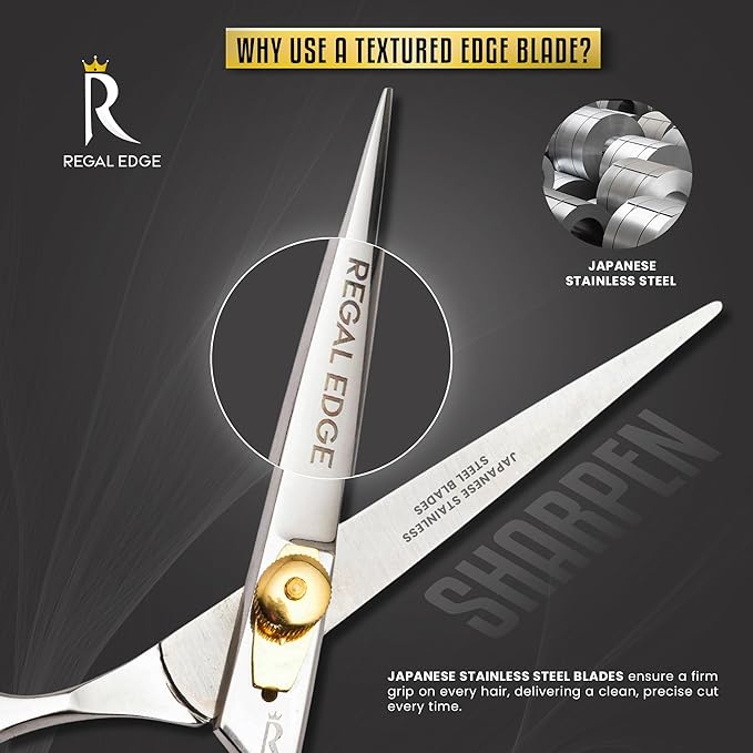 Hair Cutting Scissors - 6.5” Japanese Stainless Steel Professional Hair Scissors - Razor Edge Barber Scissors with Golden Tension Screw, Comb and Cloth - Hair Shears For Man Woman Adults Kids Babies