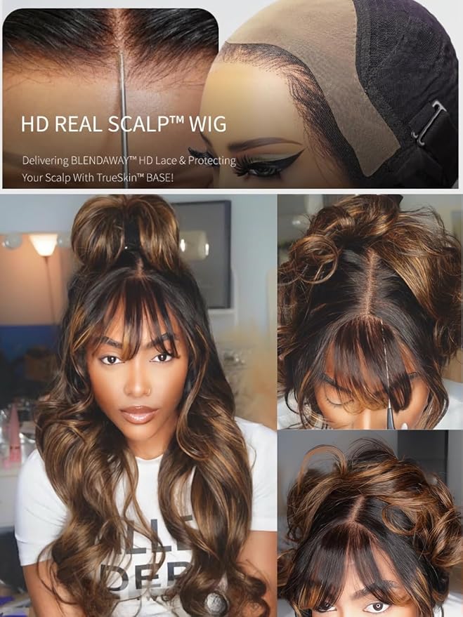 Julia Hair Pre Everything Glueless 13x4 HD Lace Front Wigs Human Hair Pre Plucked Pre Cut Balayage Highlight Body Wave Curtain Bangs Bye Bye Knots Drawstring Wigs Ready to Wear Frontal Wig 26 Inch