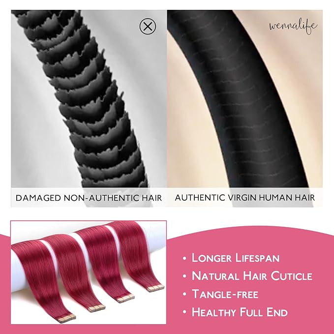 WENNALIFE Tape in Hair Extensions Human Hair Burgundy Red Tape in Extensions, 10pcs 25g 16 inch Remy Invisible Tape Ins Straight Colored Soft Real Human Hair Tape in Extensions Refill Set Extensions