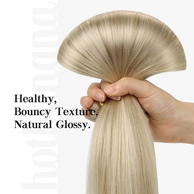 HOTBANANA Human Hair Clip-in Extensions, Ash Blonde Highlighted Platinum Blonde, 120g Real Remy Hair, 22 Inch, 7pcs