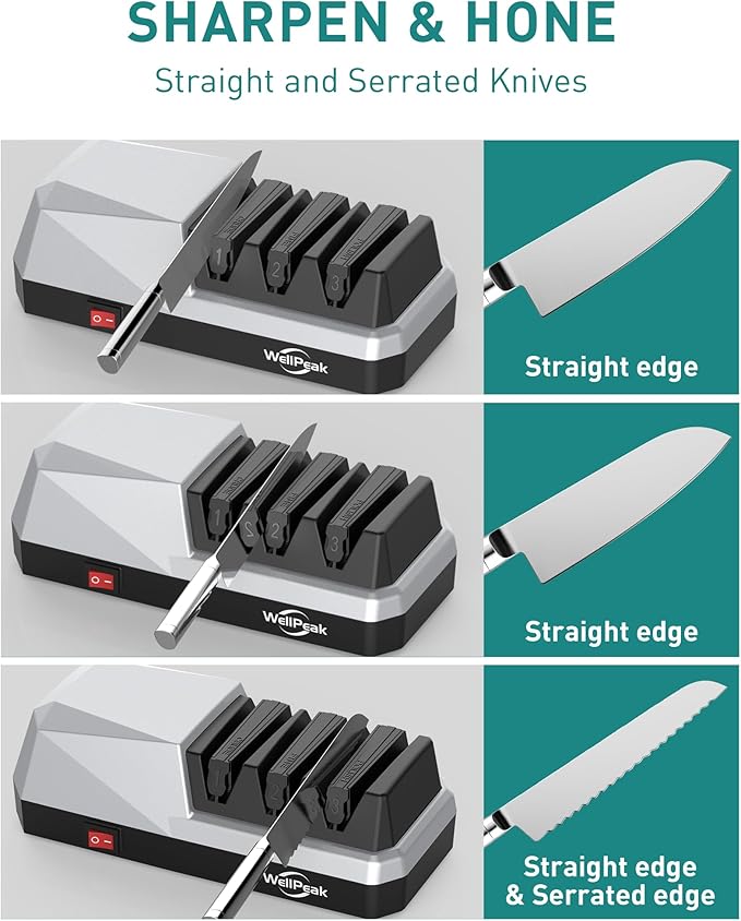 3-Stage Electric Knife Sharpener for 18/20-Degree Knifes, Diamond Abrasive Sharpening for Straight Edge Chef Knives, Ceramic Hone for Chef Knives, Serrated Knives Polishing (SILVER, 3-Stage)