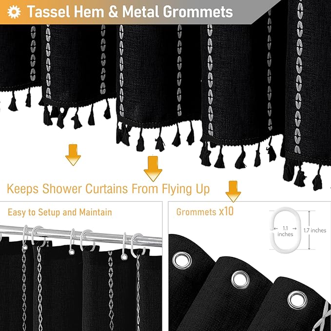 BTTN Stall Fabric Shower Curtain - 54x78 Boho Striped Linen Heavy Duty Tassel Shower Curtain with 10 Hooks, Narrow Rustic Modern Farmhouse Bohemian Thick Shower Curtains for Bathroom - Black and White