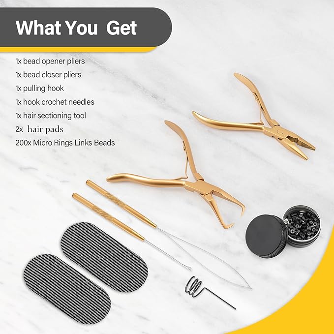 Gomake Microlinks Hair Extensions Kit, Hair Extension Closer and Removal Pliers, Micro Beads Pulling Hook & Microbead Loop Tool, Micro Links Silicone Rings Bead 200PCS(Gold)