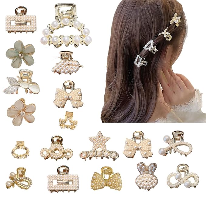 FZBNSRKO 20 Pcs Small Pearl Hair Clips,Rhinestone Hair Pins Pearl Claw Clips Mini Crystal Flower Barrettes for Girls Women(mixed style)