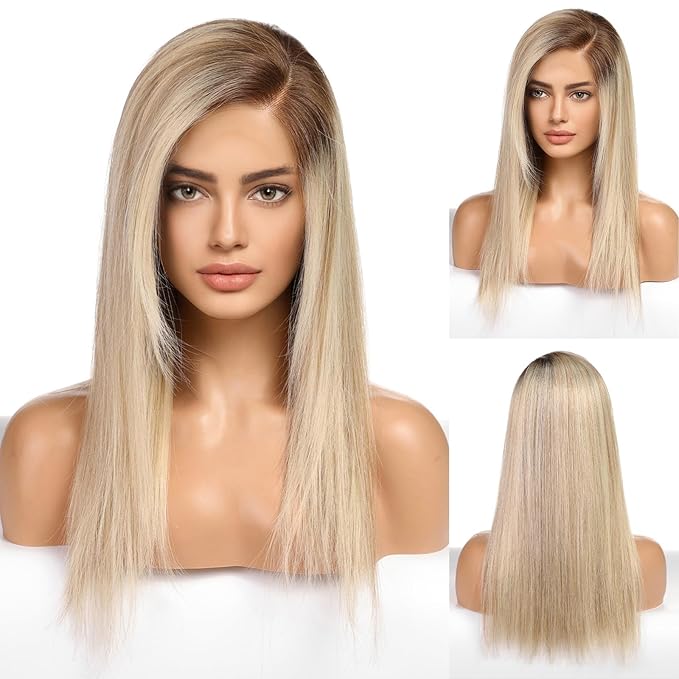 KKU 18 Inch Ombre Golden Brown Human Hair Wigs for Women,Layered Straight Hair Wig with Side Bangs,Wear Natural Realism