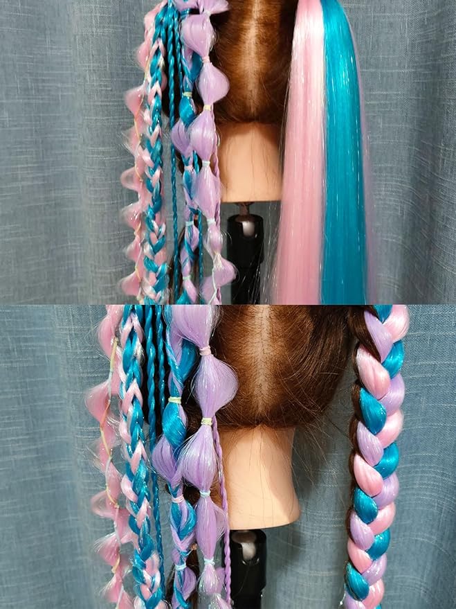 Colored Hair Extensions Blue Pink Purple Ponytail Extension Colorful 2 Packs, 20 inch Crazy Hair Day Accessories for Women, DIY Festival Wacky Rave Braids,Tinsel Mixed