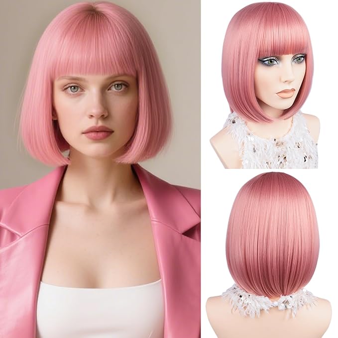 MAYSA Pink Bob Wig with Bangs for Women Short Straight Bob Wigs 12in Synthetic Cosplay Daily Party Colorful Neon Wigs # Light Pink