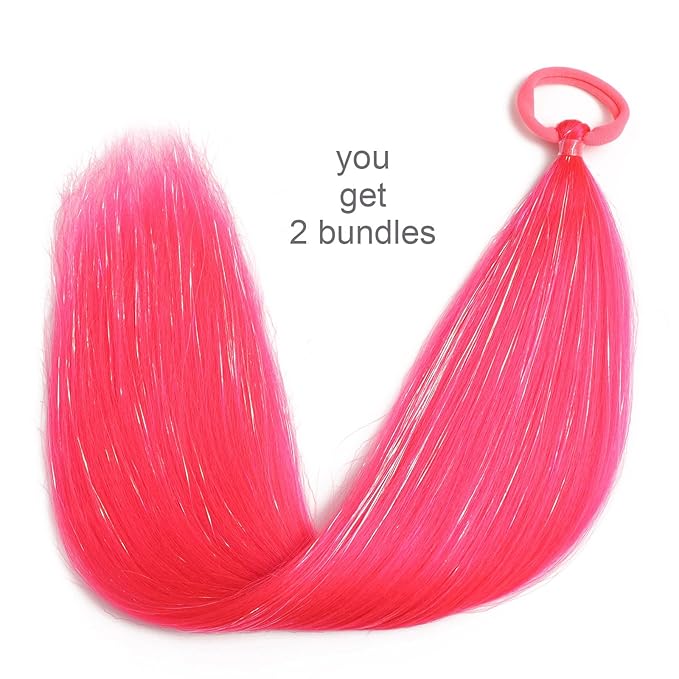 Colored Hair Extensions Hot Pink Ponytail Extension 2 Packs, 20 inch Crazy Hair Day Accessories for Women, DIY Festival Wacky Rave Braids,Tinsel Mixed