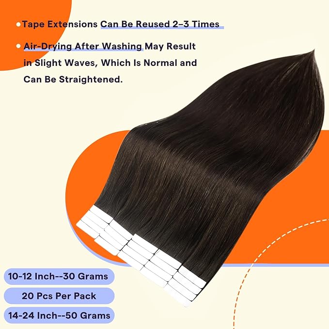 Full Shine Brown Tape in Hair Extensions Human Hair 18 Inch Invisible Remy Hair Extensions Tape in Color 2 Darkest Brown Double Sided Seamless Extensions for Women Real Hair 20 PCS 50g