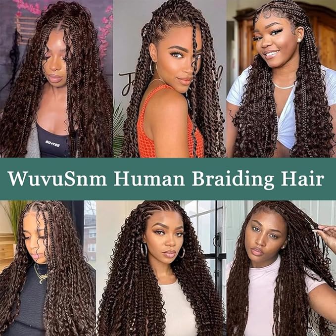 Brown Human Braiding Hair for Boho Braids 14 Inch Chocolate Brown Deep Wave Bulk Human Hair #30 Wet and Wavy Braids Extensions