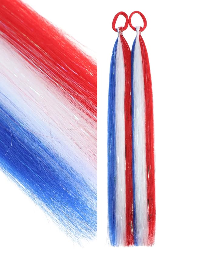 Colored Hair Extensions Red White Blue Ponytail Extension Colorful 2 Packs, 20 inch Crazy Hair Day Accessories for Women, DIY Festival Wacky Rave Braids,Tinsel Mixed