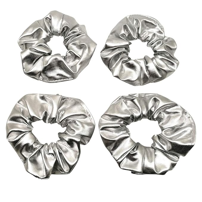 4 Pack Hair Elastics Scrunchies waterproof Faux Leather Scrunchy Bobbles Soft Elegant Elastic Hair Bands Hair Ties stage performance (Silver)