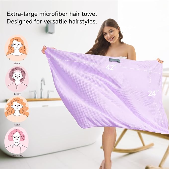 Large Microfiber Hair Towel for Women,Super Soft Anti Frizz & Quick Dry for Curly Hair,Ultra Absorbent Hair Wrap Towels for Long,Thick,Wet Hair 24x42 Inches (Purple)