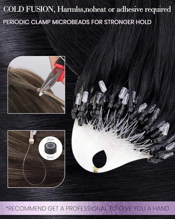 LaaVoo Microlink Hair Extensions Human Hair Black Micro Beads Hair Extensions 20 Inch Jet Black Real Human Hair 50g 50s