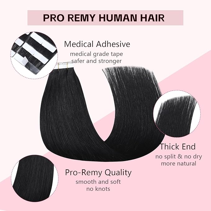 Invisible Tape in Hair Extensions Real Human Hair 3rd-Generation Pro3.0#1 Jet Black Color 20pcs 30g 14inch Seamless Injected Hand-Tied Remy Quality Invisi Edge Tape in Extensions(#1-14inch)